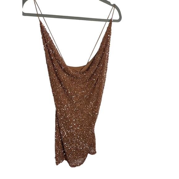 Revolve Retrofete Mich Beaded Sequin Mini Dress Cowl Neck Bronze Size Medium - Picture 13 of 15